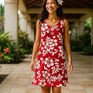 100% Cotton | Authentic Hawaiian Made | Sleeveless Dress | Red Floral | Size Lg